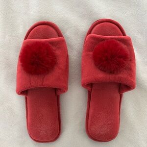 Red Fuzzy Pom-Pom Slippers
